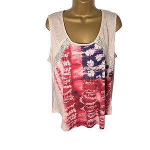 OneWorld Tank Lace Back Tie Dye American Flag 4th of July Boho Ivory 1X